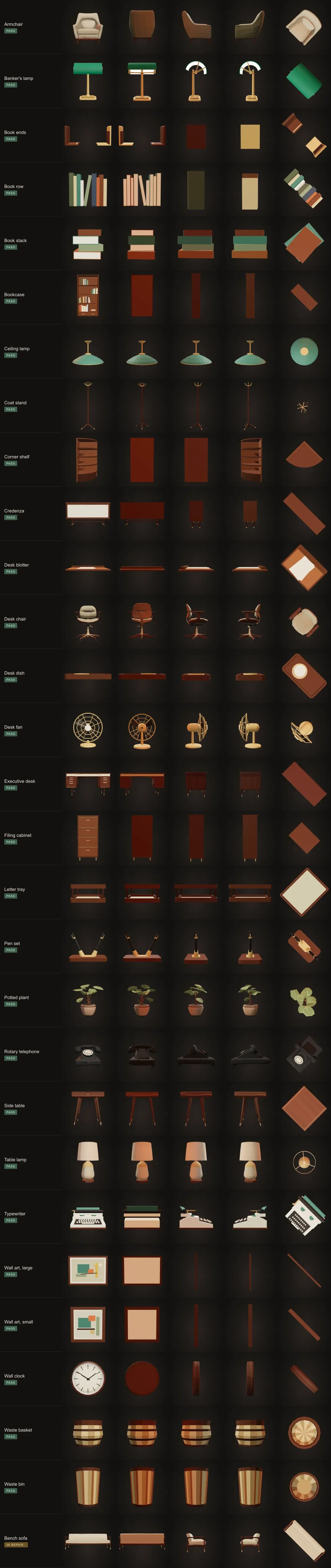 The five-view audit sheet for the first batch of 29 props, each row showing front, back, left, right and top with its verdict.