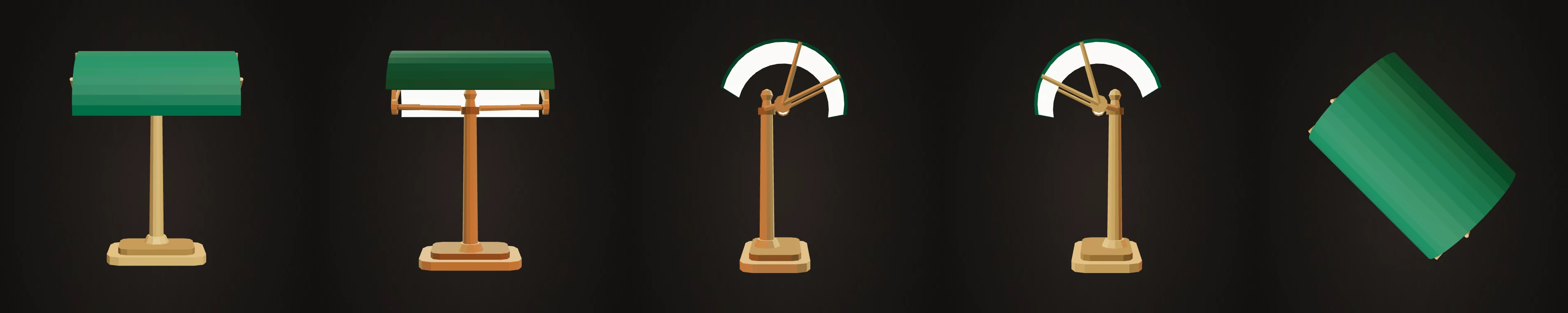 Banker's lamp rendered from front, back, left, right and top for the five-view audit.