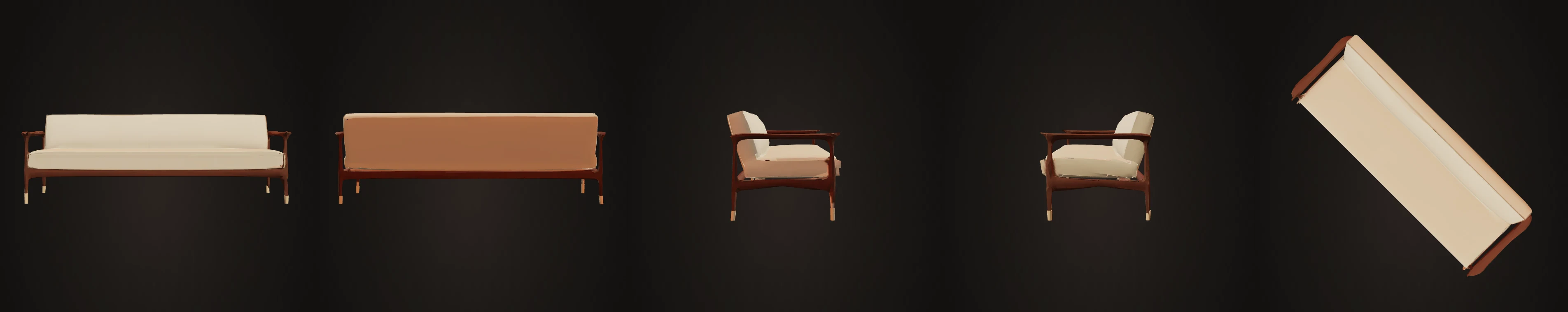 Bench sofa rendered from front, back, left, right and top for the five-view audit.