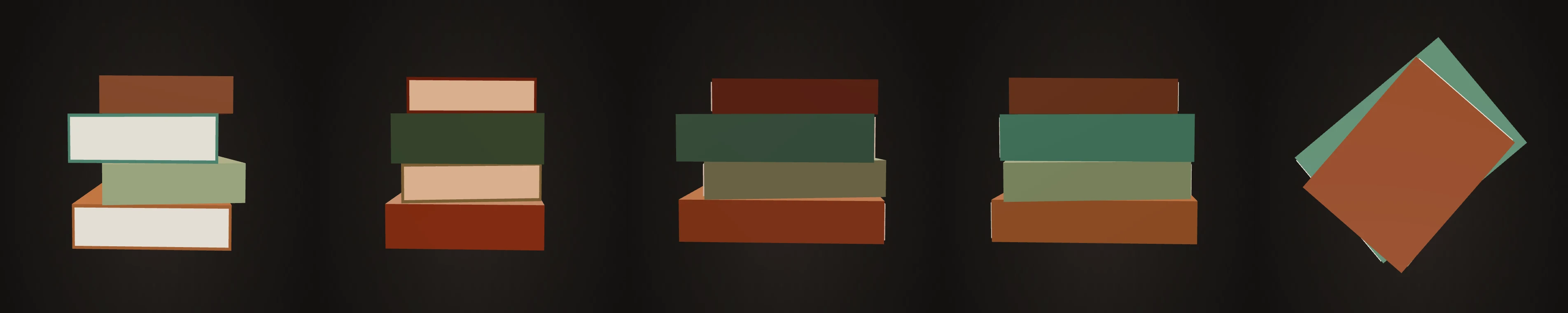 Book stack rendered from front, back, left, right and top for the five-view audit.