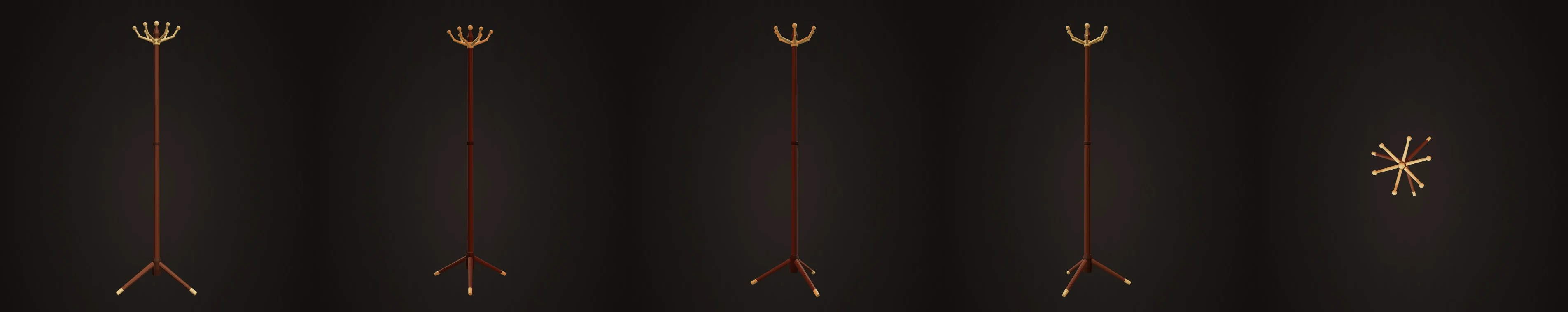 Coat stand rendered from front, back, left, right and top for the five-view audit.