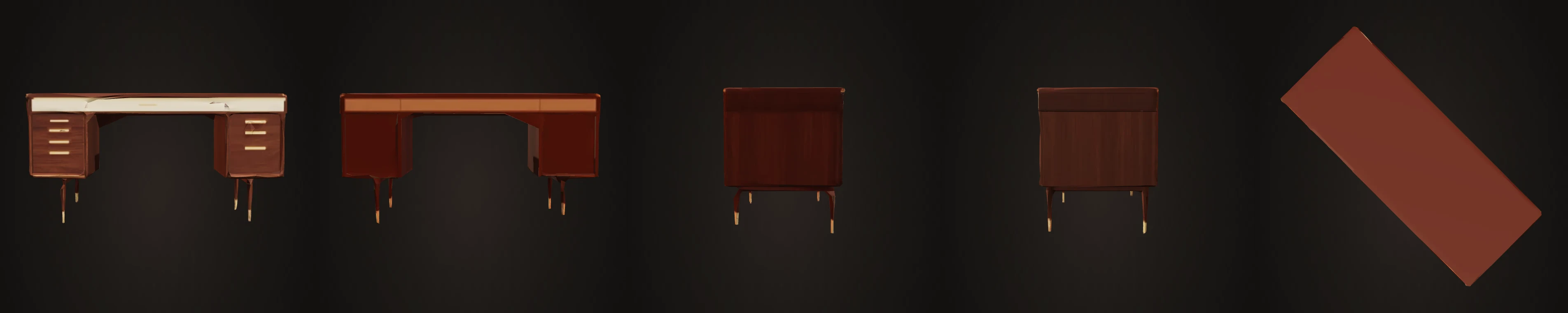 Executive desk rendered from front, back, left, right and top for the five-view audit.