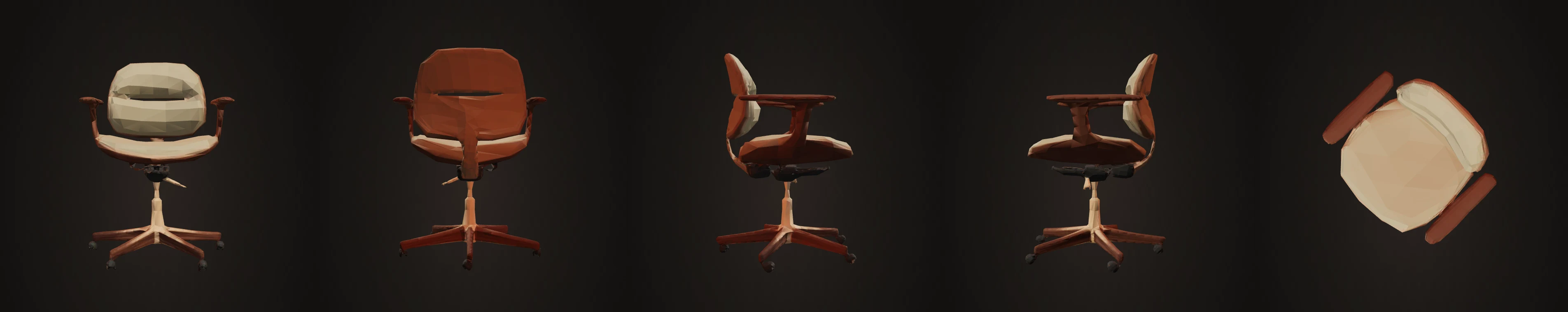 Desk chair rendered from front, back, left, right and top for the five-view audit.