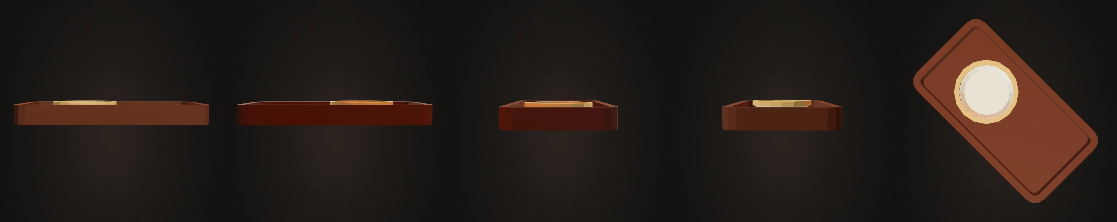Desk dish rendered from front, back, left, right and top for the five-view audit.