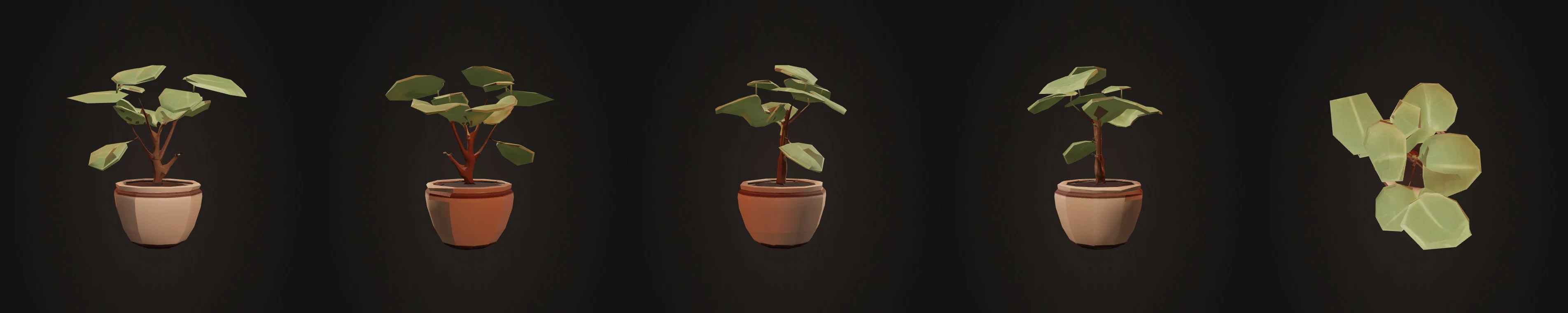 Potted plant rendered from front, back, left, right and top for the five-view audit.