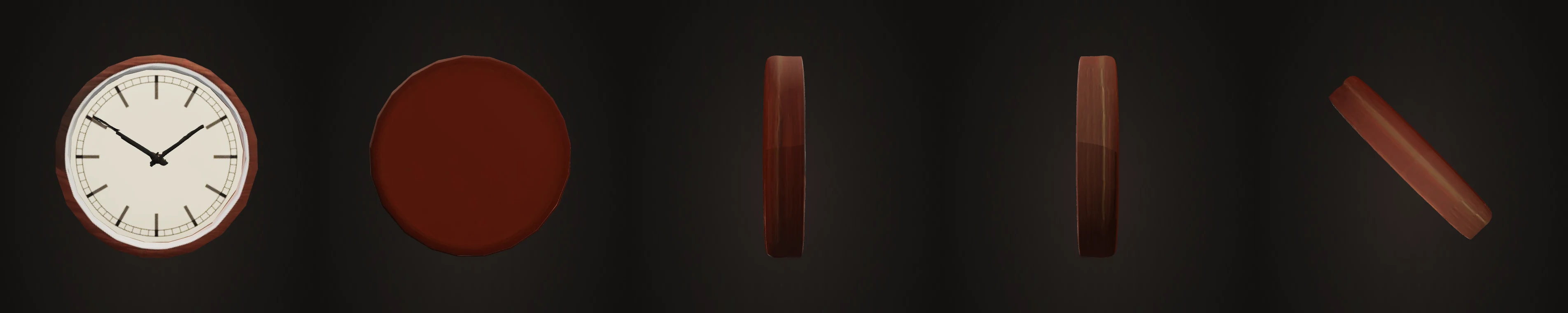 Wall clock rendered from front, back, left, right and top for the five-view audit.