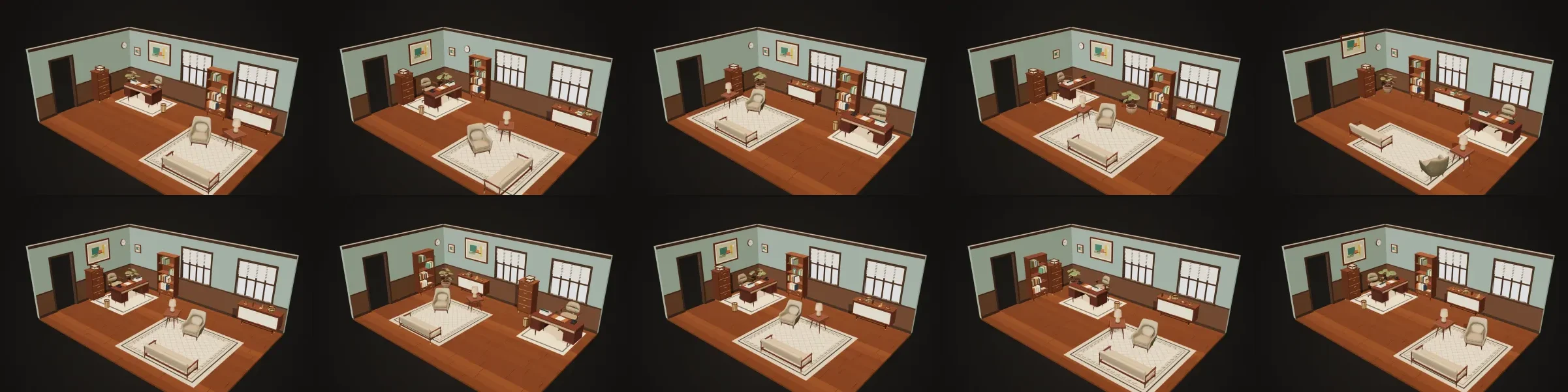 Ten furniture layouts of the same room, arranged by the studio's constraint solver from the same asset set.