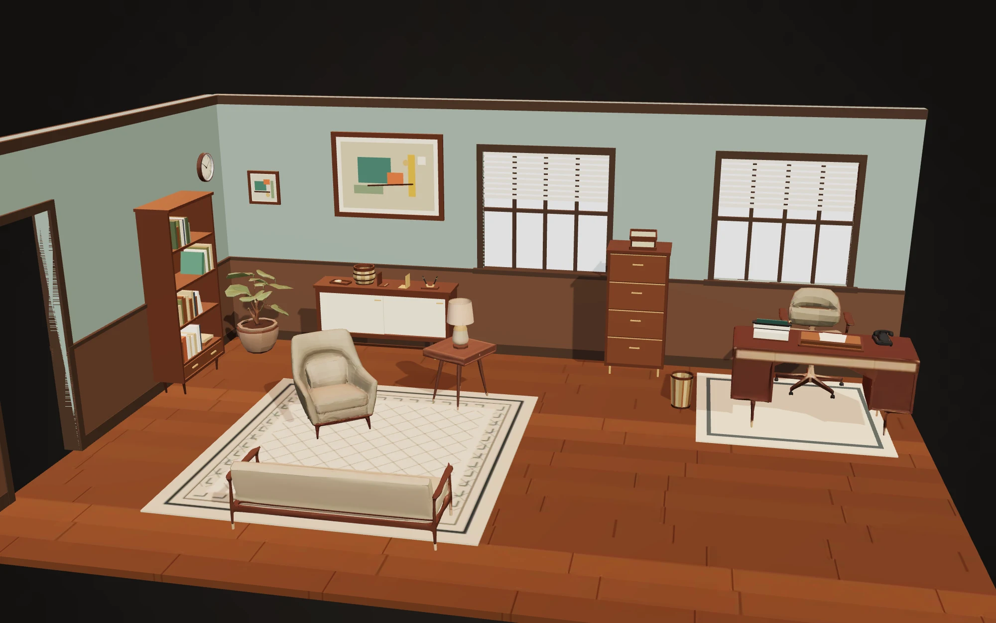 A corner of the 1960s office set showing the bookcase, corner shelf and wall art.
