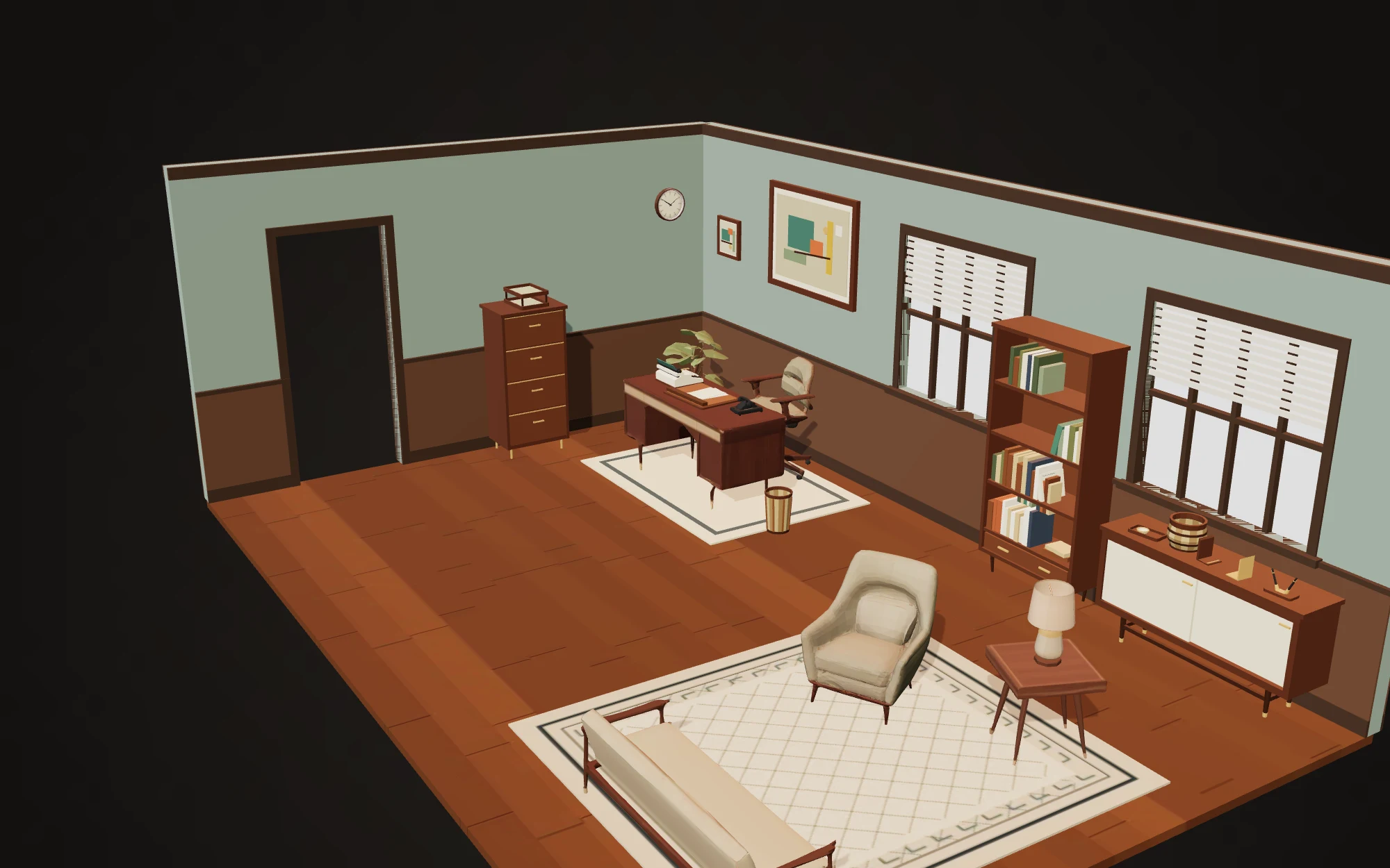 Isometric cutaway of a 1960s office furnished entirely from the pack.