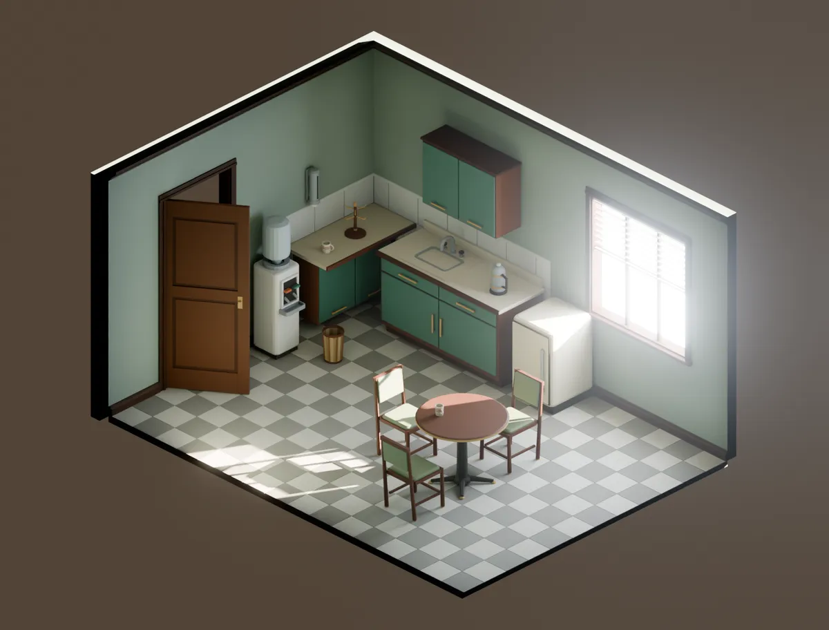 The break room built from the pack: 16 props in a 4.8 by 3.6 metre room.