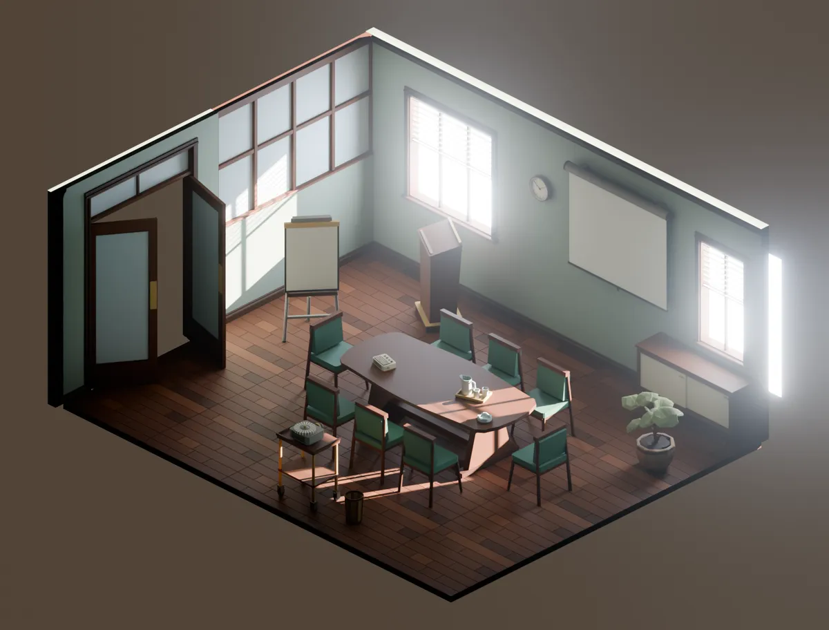 The meeting room built from the pack: 21 props in a 6 by 4.8 metre room.