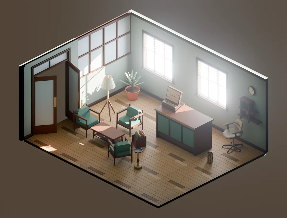 The reception built from the pack: 15 props in a 6 by 4.8 metre room.