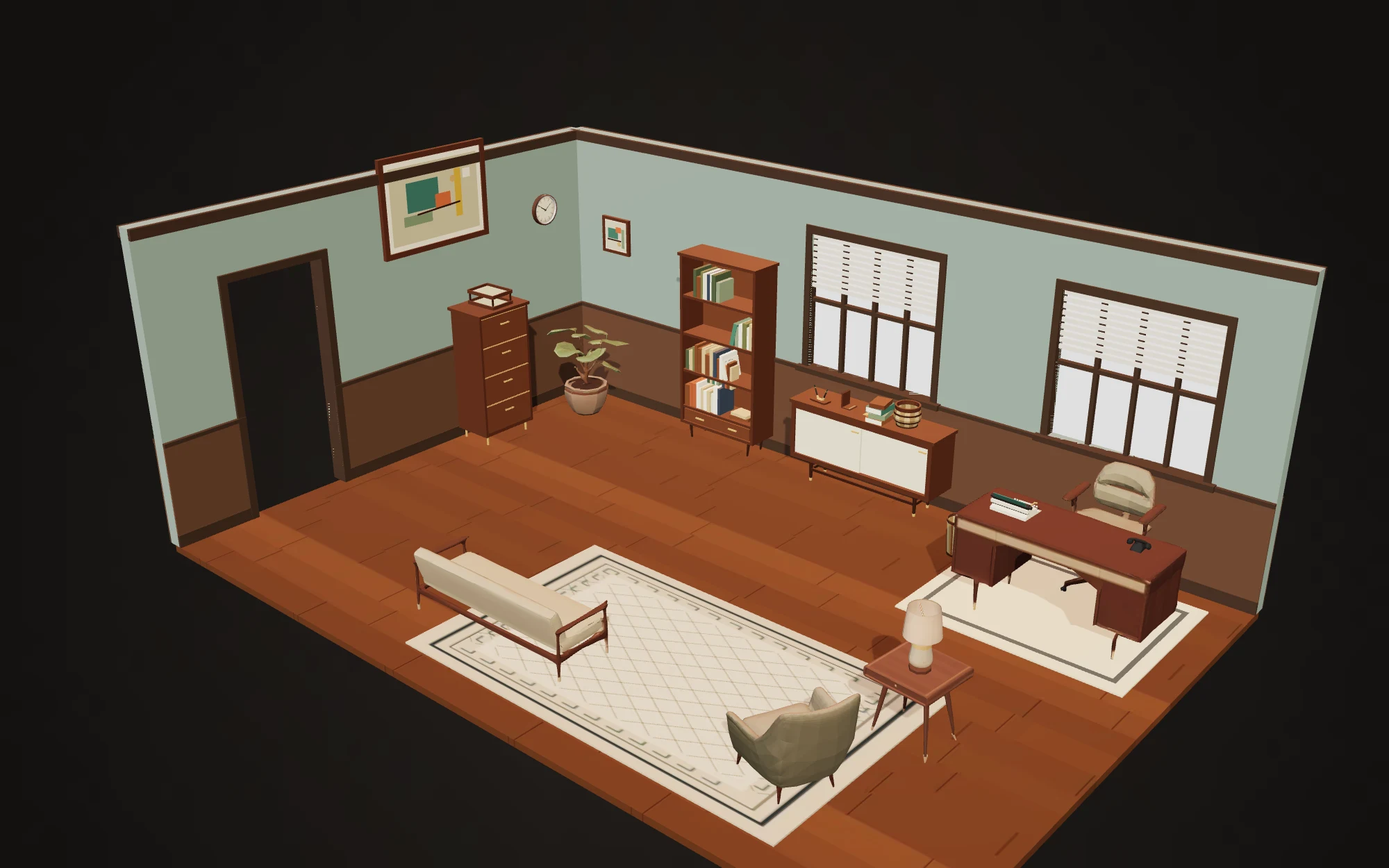 Arrangement 5 of the 1960s Office pack: a walnut desk and desk chair, bookcase, credenza, filing cabinet, armchair and bench sofa standing in a sage-walled room, placed by the studio's layout solver rather than by hand.