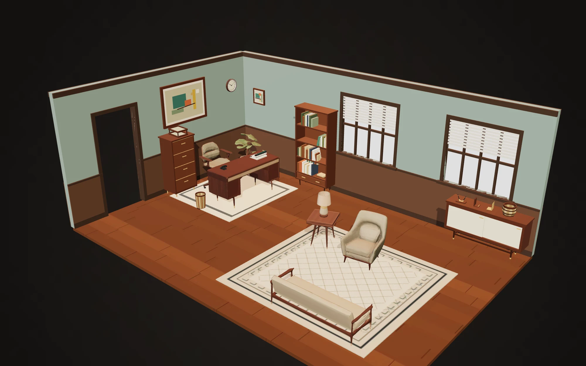 Arrangement 6 of the 1960s Office pack: a walnut desk and desk chair, bookcase, credenza, filing cabinet, armchair and bench sofa standing in a sage-walled room, placed by the studio's layout solver rather than by hand.