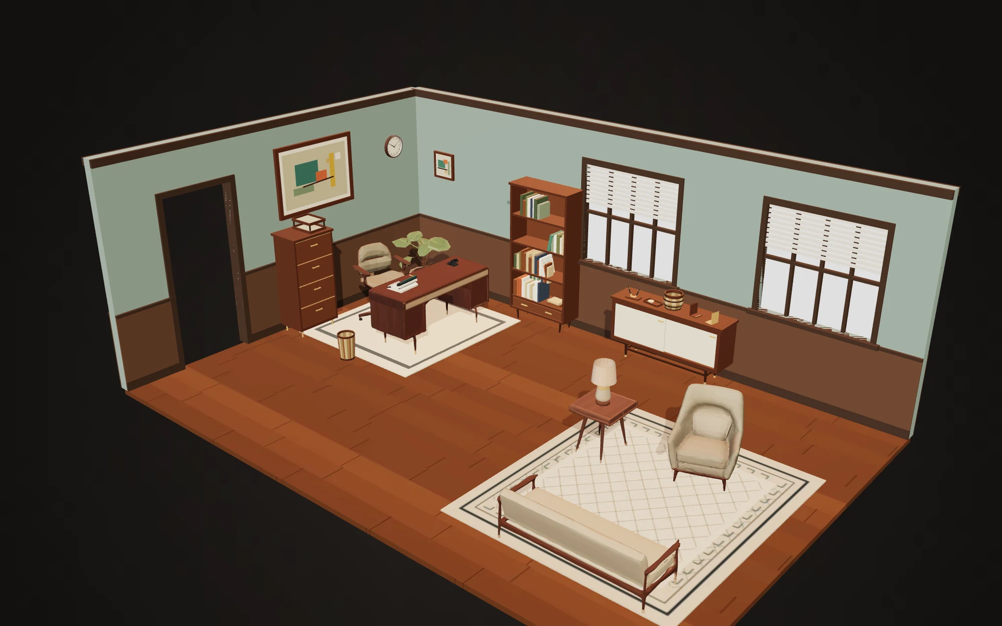 Arrangement 10 of the 1960s Office pack: a walnut desk and desk chair, bookcase, credenza, filing cabinet, armchair and bench sofa standing in a sage-walled room, placed by the studio's layout solver rather than by hand.